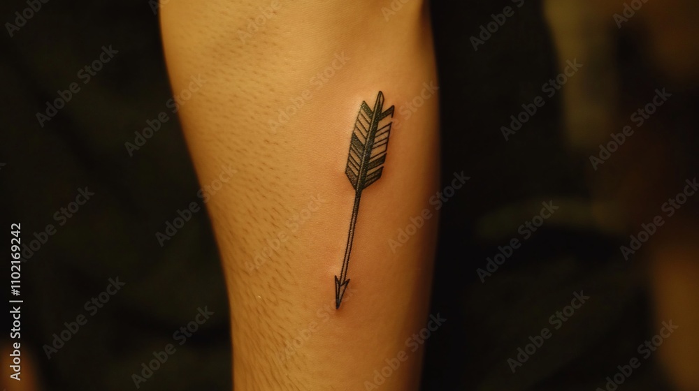 Obraz premium Close-up of a small, minimalist arrow tattoo on a person's forearm.