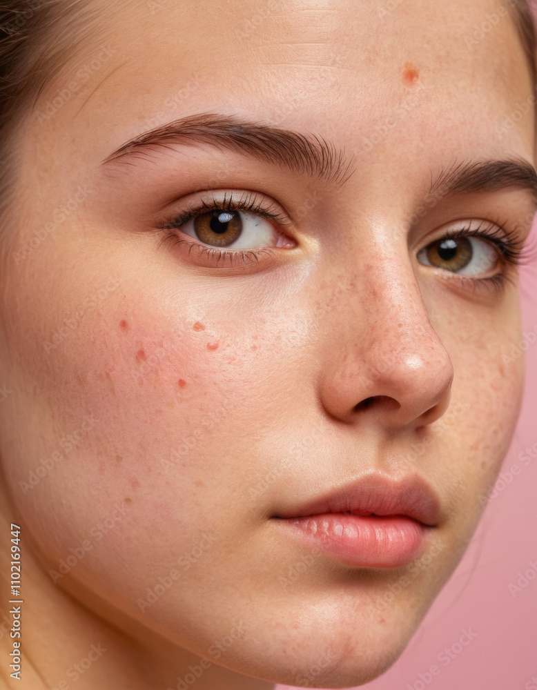 Close-up portrait of a teenage girl with half of her face showing clear, smooth skin and the other half with noticeable acne, representing skin care issues and the importance of skincare treatments Close-up portrait of a teenage girl with half of her face showing clear, smooth skin and the other half with noticeable acne, representing skin care issues and the importance of skincare treatments