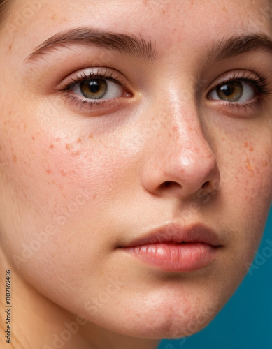 Close-up portrait of a teenage girl with half of her face showing clear, smooth skin and the other half with noticeable acne, representing skin care issues and the importance of skincare treatments