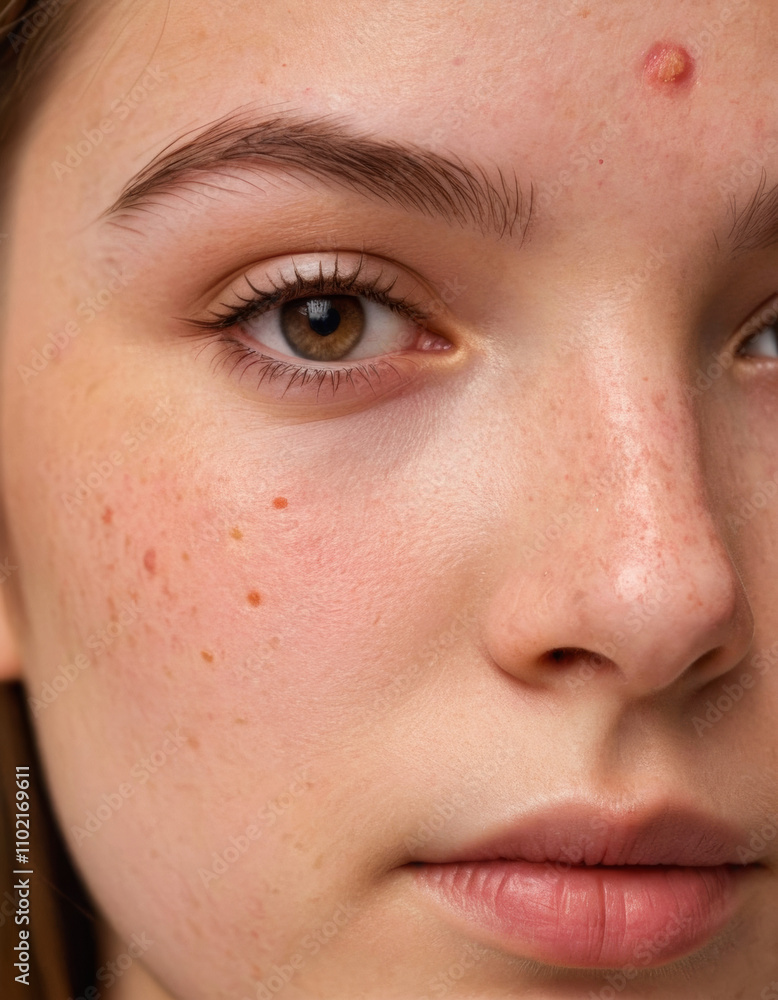 Close-up portrait of a teenage girl with half of her face showing clear, smooth skin and the other half with noticeable acne, representing skin care issues and the importance of skincare treatments Close-up portrait of a teenage girl with half of her face showing clear, smooth skin and the other half with noticeable acne, representing skin care issues and the importance of skincare treatments