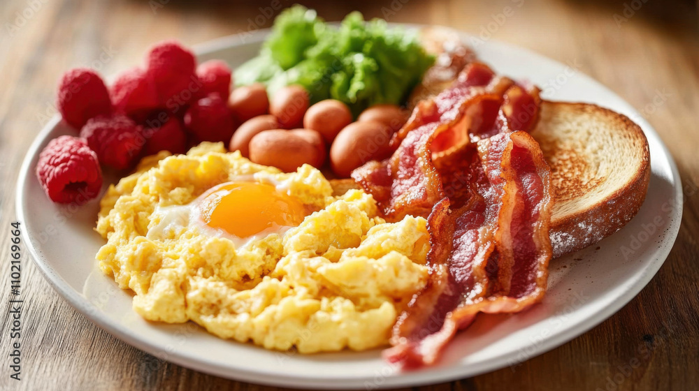 Delicious Breakfast Plate with Scrambled Eggs, Crispy Bacon, Toast, Fresh Raspberries, Cherry Tomatoes, and Green Lettuce on a Rustic Table Setting Delicious Breakfast Plate with Scrambled Eggs, Crispy Bacon, Toast, Fresh Raspberries, Cherry Tomatoes, and Green Lettuce on a Rustic Table Setting