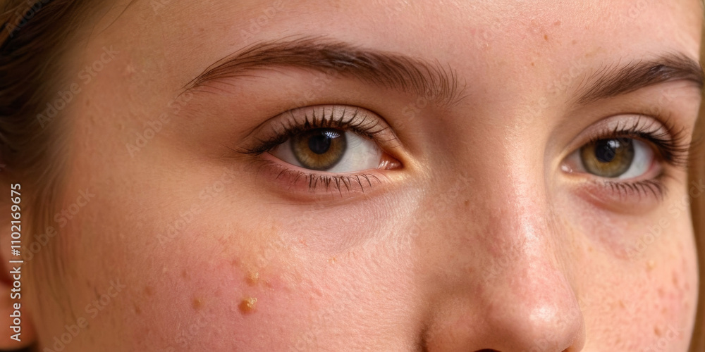 Close-up portrait of a teenage girl with half of her face showing clear, smooth skin and the other half with noticeable acne, representing skin care issues and the importance of skincare treatments Close-up portrait of a teenage girl with half of her face showing clear, smooth skin and the other half with noticeable acne, representing skin care issues and the importance of skincare treatments