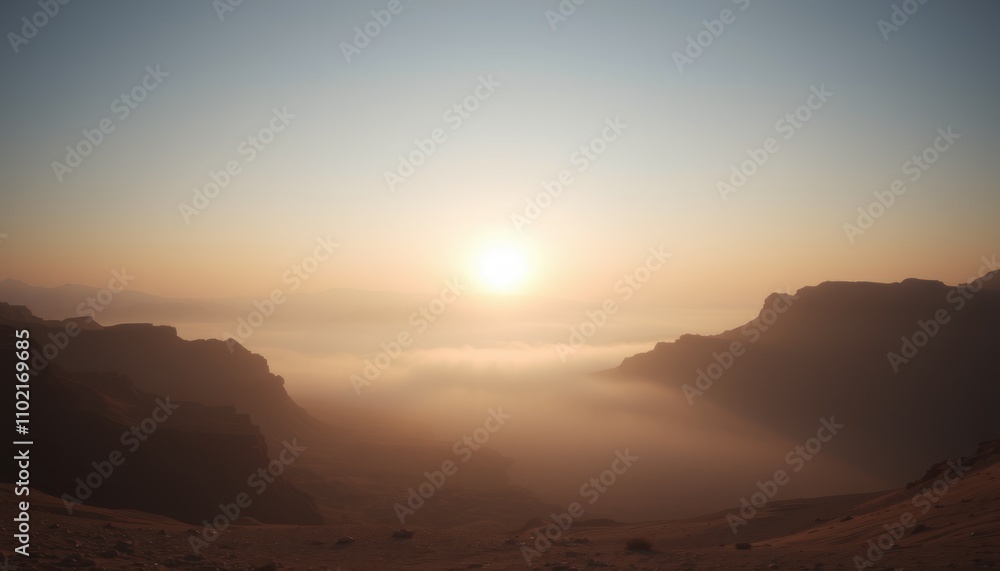 Naklejka premium Sunrise over misty mountain valley. (1)