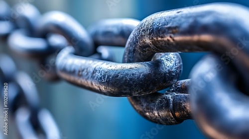 Close-up of a strong, weathered metal chain, showing interconnected links.