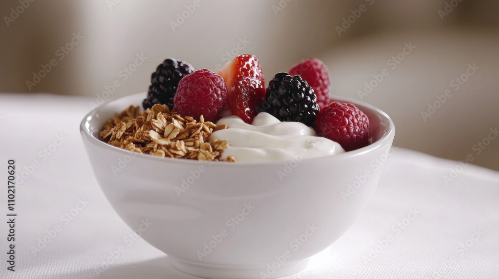Fresh and Healthy Breakfast Bowl with Yogurt, Granola, Raspberries, and Blackberries on a Light Table Setting for a Nourishing Start to Your Day Fresh and Healthy Breakfast Bowl with Yogurt, Granola, Raspberries, and Blackberries on a Light Table Setting for a Nourishing Start to Your Day