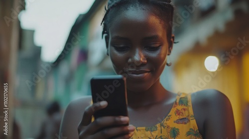 woman using smartphone in vibrant urban setting, smiling