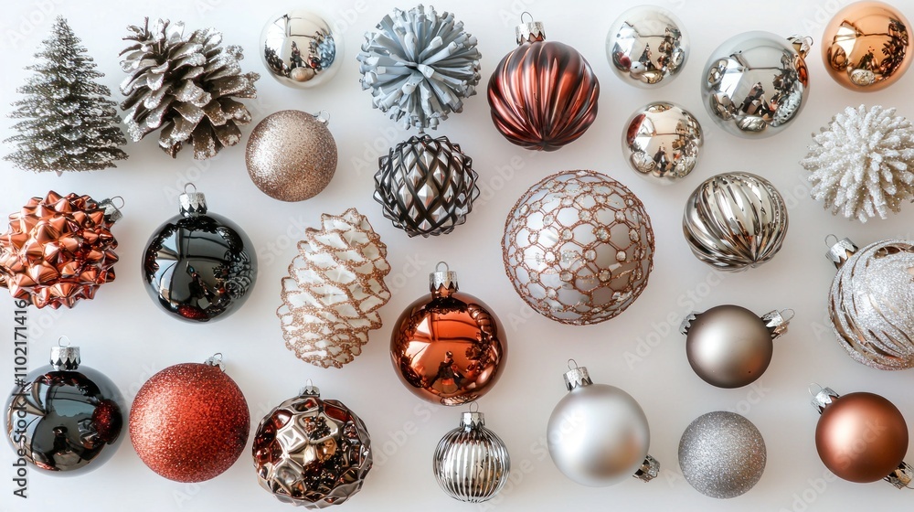 Flat lay of assorted ornaments on a white table, creating a clean and festive visual. Flat lay of assorted ornaments on a white table, creating a clean and festive visual.