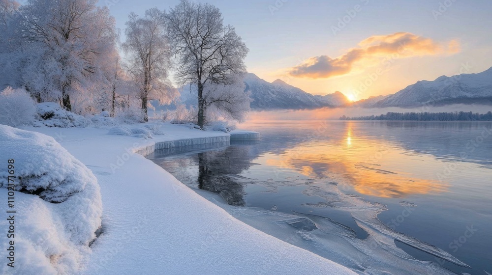 Snowy Riverbank at Sunset with Mountain and Foggy Lake Snowy Riverbank at Sunset with Mountain and Foggy Lake
