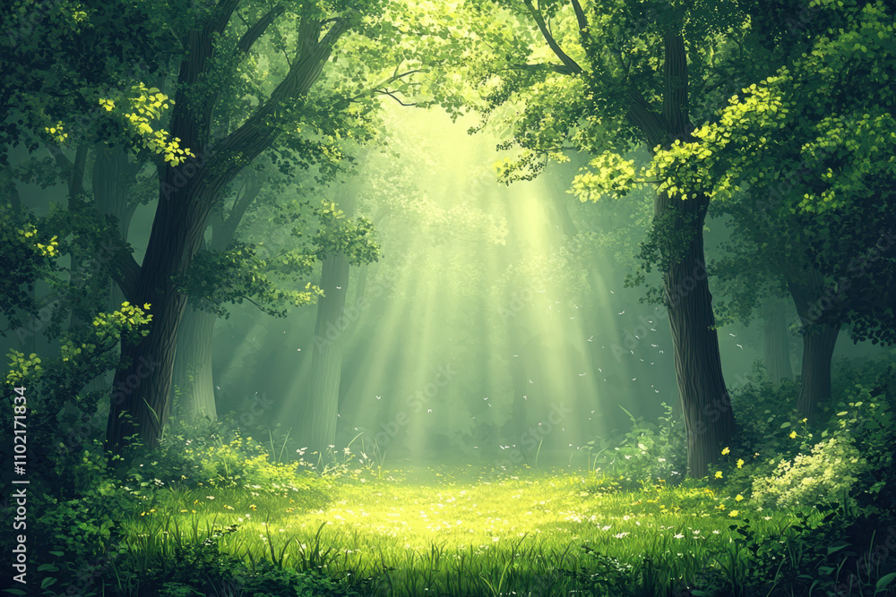 Naklejka premium Natural therapy. A serene forest scene illuminated by sunlight filtering through lush green trees, creating a tranquil and magical atmosphere.