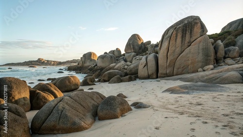 Granite boulders on the beach with interesting shapes, geology, rock formations, landforms, ocean, coastline
