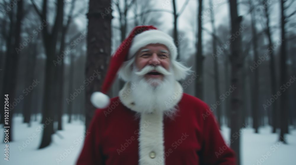 Santa Claus in a red suit and hat smiles, standing against a snowy winter forest background Santa Claus in a red suit and hat smiles, standing against a snowy winter forest background
