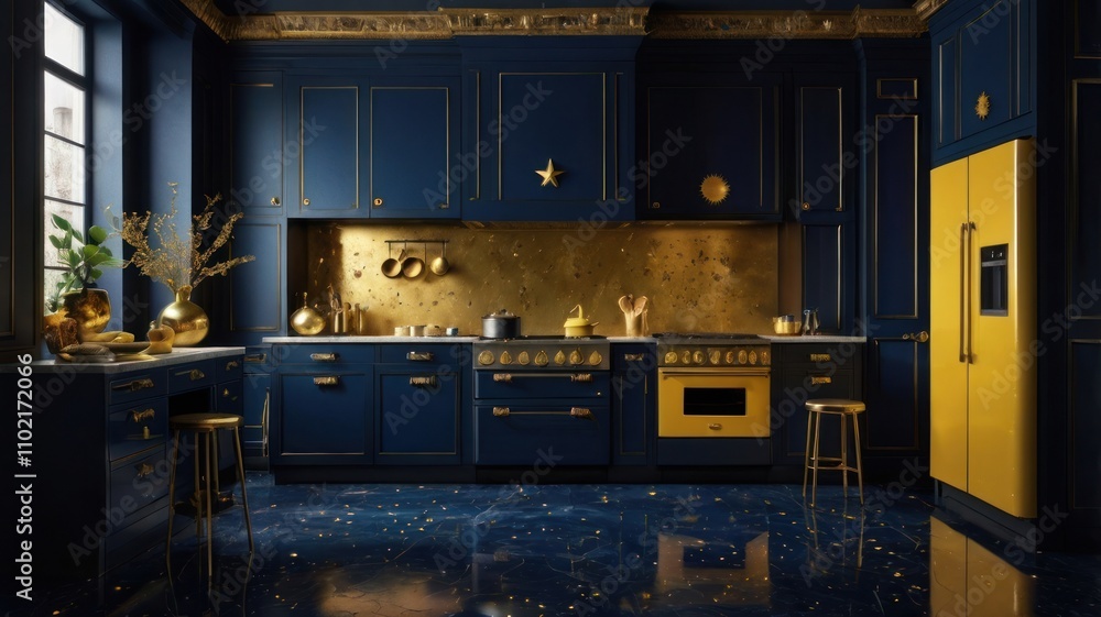Luxurious navy and gold kitchen interior. Luxurious navy and gold kitchen interior.