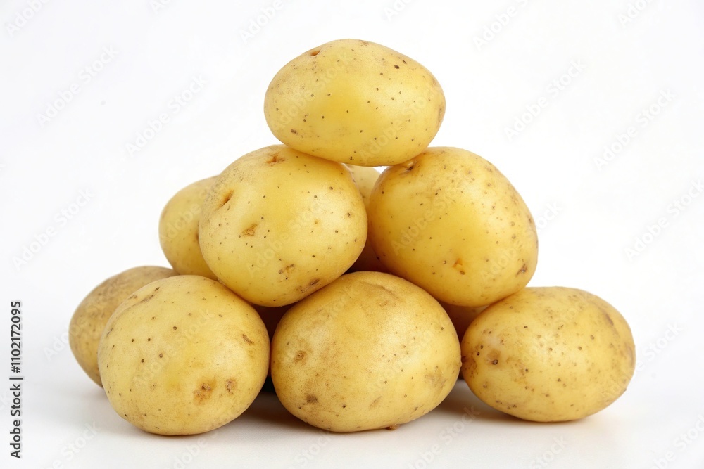 Group of fresh yellow potatoes arranged in a pyramid shape on a white background, tabletop display, fresh yellow potatoes, food arrangement Group of fresh yellow potatoes arranged in a pyramid shape on a white background, tabletop display, fresh yellow potatoes, food arrangement
