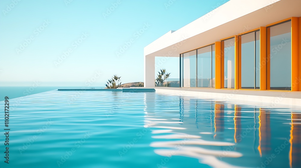 Fototapeta premium Modern luxury villa with infinity pool and ocean view perfect for vacation retreats : Generative AI