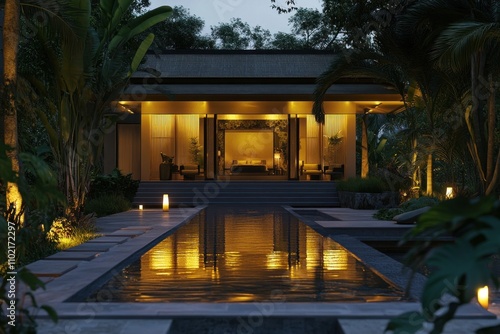A modern, minimalist villa with a reflecting pool and lush tropical foliage at dusk.