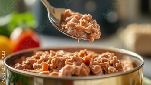 Deliciously prepared canned cat food featuring moist chunks served in a shining bowl with fresh ingredients in the blurred background, ideal for pet nutrition imagery