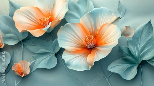Wallpaper Mural Beautiful floral design featuring large blossoms with soft orange accents and lush green leaves on a serene background Torontodigital.ca