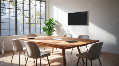 Stylish conference room featuring wooden table, modern chairs, and large windows. natural light creates warm atmosphere, perfect for meetings