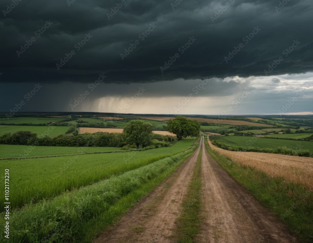 Endless rural road under dark, stormy clouds, cutting through green fields, symbolizing both tranquility and the power of nature Endless rural road under dark, stormy clouds, cutting through green fields, symbolizing both tranquility and the power of nature