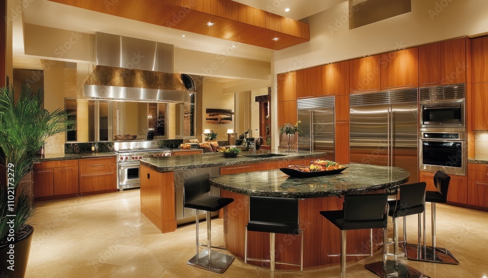Modern Kitchen with Island, Stainless Steel Appliances, and Wooden Cabinets Modern Kitchen with Island, Stainless Steel Appliances, and Wooden Cabinets