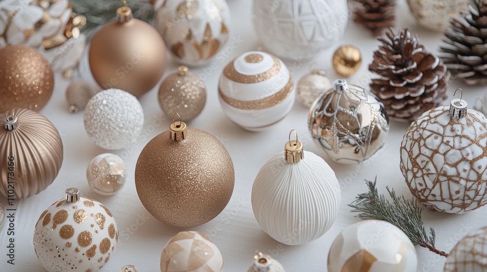 Collection of assorted ornaments displayed on a white table, perfect for a holiday-themed layout. Collection of assorted ornaments displayed on a white table, perfect for a holiday-themed layout.