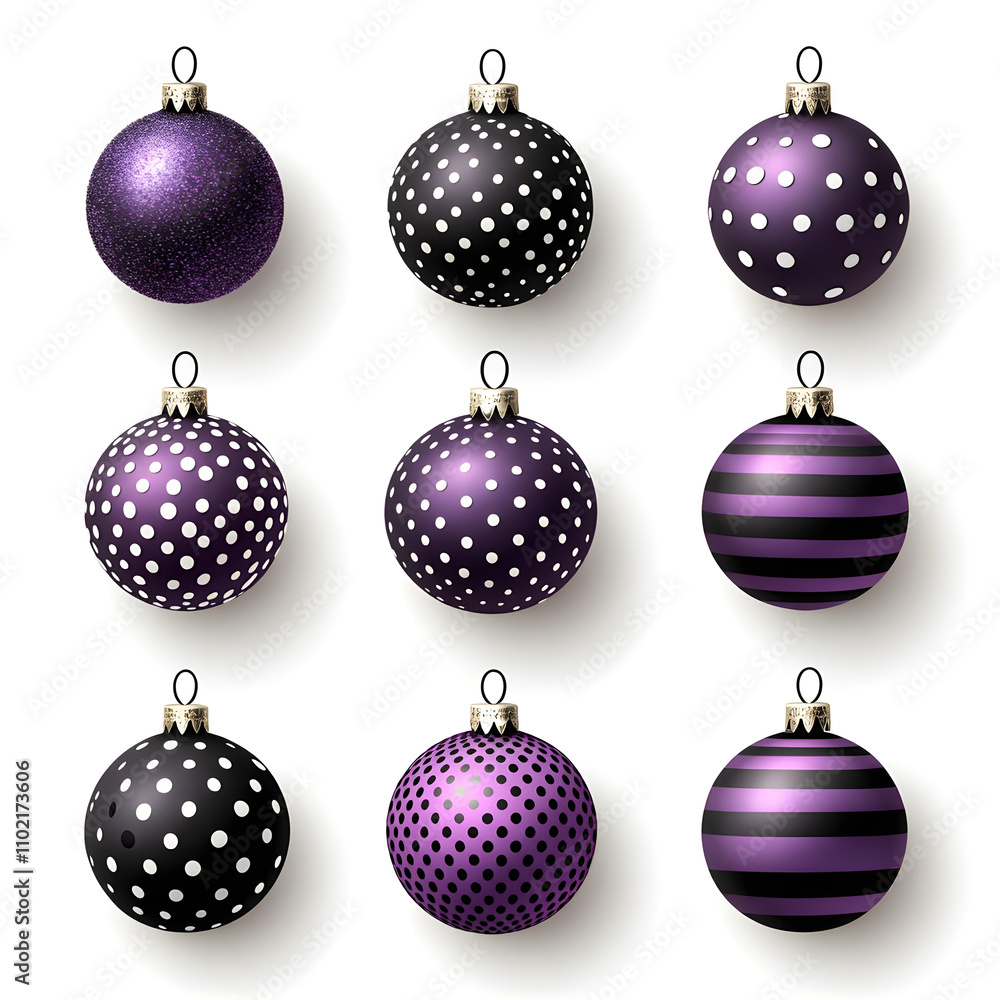 Whimsical purple Christmas balls with various patterns and textures Whimsical purple Christmas balls with various patterns and textures