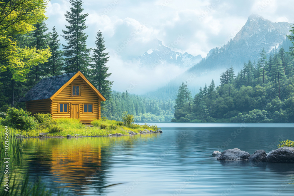 Fototapeta premium Natural therapy. A tranquil lakeside scene featuring a cozy wooden cabin surrounded by lush greenery and mountains in the background.