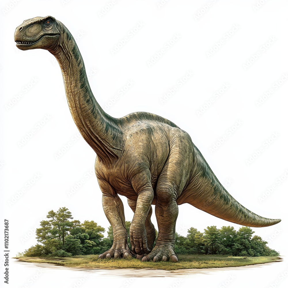 Obraz premium Apatosaurus standing majestically in natural setting, showcasing its long neck and robust body. This dinosaur evokes sense of wonder and prehistoric majesty