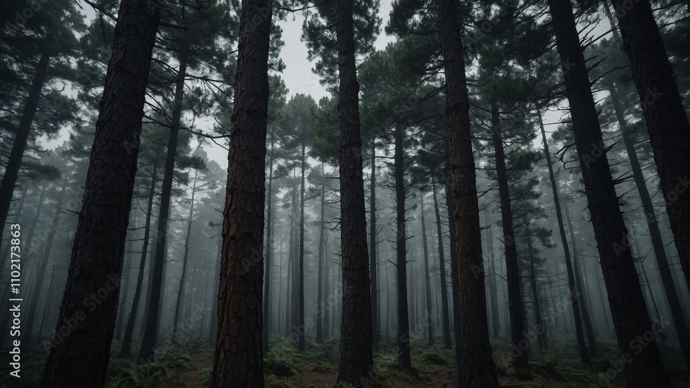 Gloomy spooky evergreen pine forest trees landscape with dark foggy light Gloomy spooky evergreen pine forest trees landscape with dark foggy light