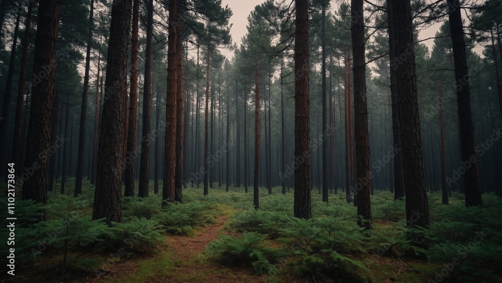 Fototapeta premium Tall pine trees evergreen forest woodland nature wallpaper background