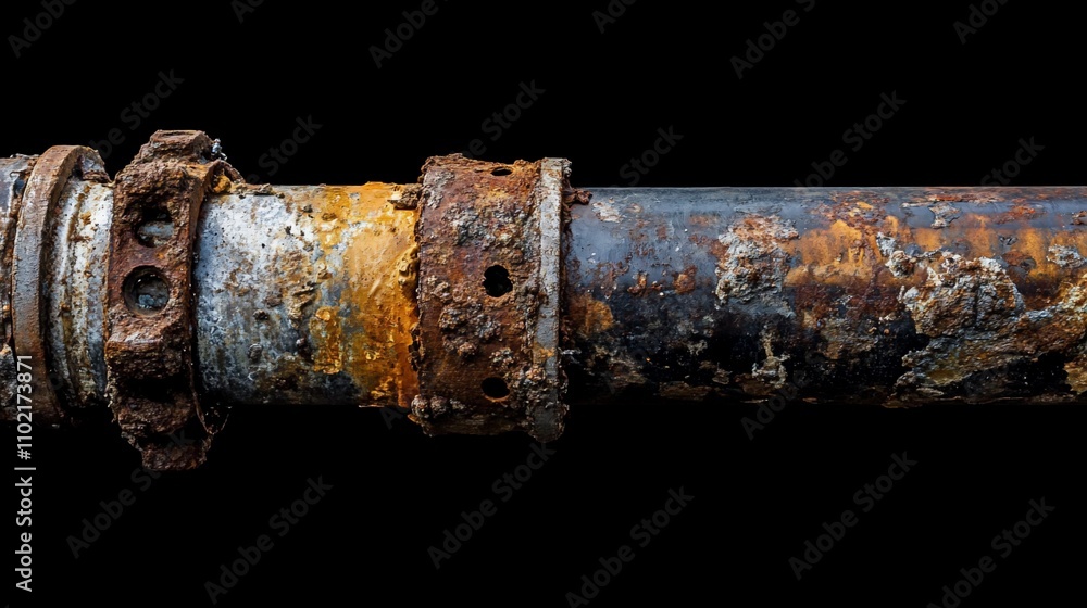 Close-up of a rusty, corroded metal pipe with visible wear and tear, isolated on a black background. Close-up of a rusty, corroded metal pipe with visible wear and tear, isolated on a black background.