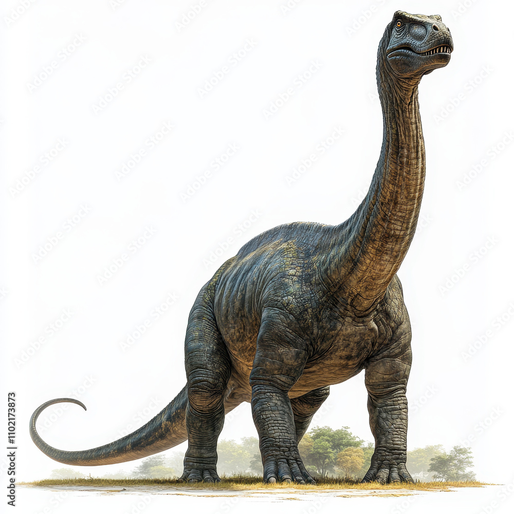 Fototapeta premium majestic Diplodocus stands tall against clean white background, showcasing its long neck and powerful body. This artistic representation captures grandeur of this prehistoric creature
