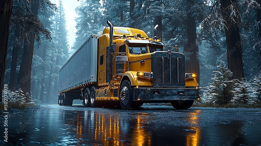 Yellow Semi Truck Traveling Through Snowy Forest Highway in Winter's Beauty : Generative AI Yellow Semi Truck Traveling Through Snowy Forest Highway in Winter's Beauty : Generative AI