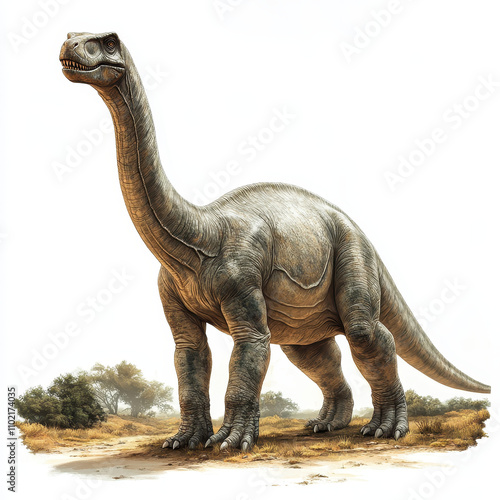 artistic representation of Plateosaurus standing on clean white background, showcasing its impressive size and unique features. This dinosaur evokes sense of wonder and curiosity