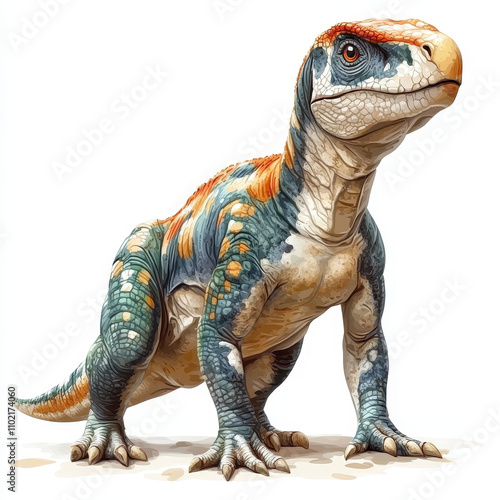 artistic composition of colorful Psittacosaurus dinosaur, showcasing its unique features and vibrant patterns. This illustration captures essence of prehistoric life