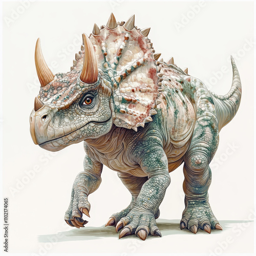 detailed illustration of Protoceratops dinosaur, showcasing its unique features and textures. creature stands confidently, highlighting its distinctive horns and frill, evoking sense of prehistoric