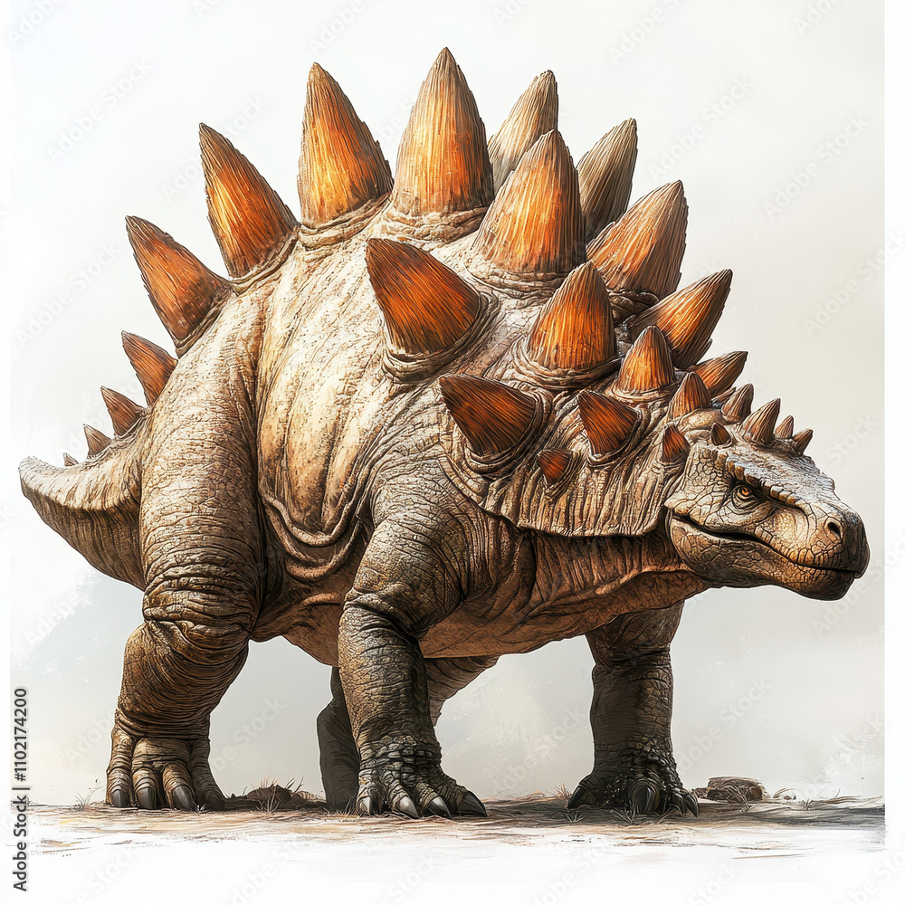 Fototapeta premium artistic composition of Stegosaurus with prominent spikes, showcasing its unique features against clean white background. This dinosaur evokes sense of prehistoric wonder and strength