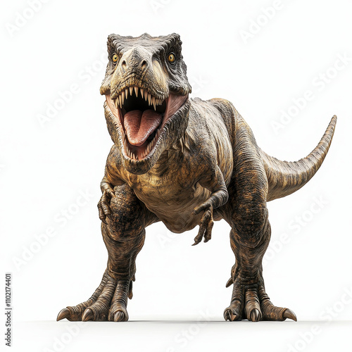 detailed and realistic depiction of roaring Tyrannosaurus rex, showcasing its powerful stance and fierce expression. This dinosaur stands prominently against clean white background, emphasizing its