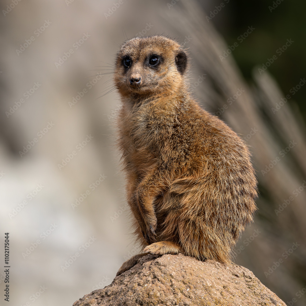Fototapeta premium Meerkat, Suricata suricatta sitting on a stone and looking into the distance