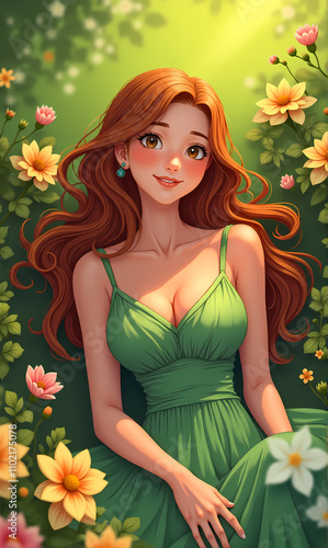 Young woman with flowing red hair and bright green eyes sits in a lush garden filled with colorful flowers. She is wearing a green dress and exudes joy and warmth in the bright sunlight of spring