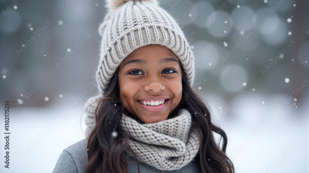Young girl smiles joyfully in snowy landscape wearing cozy winter hat and scarf during winter season Young girl smiles joyfully in snowy landscape wearing cozy winter hat and scarf during winter season