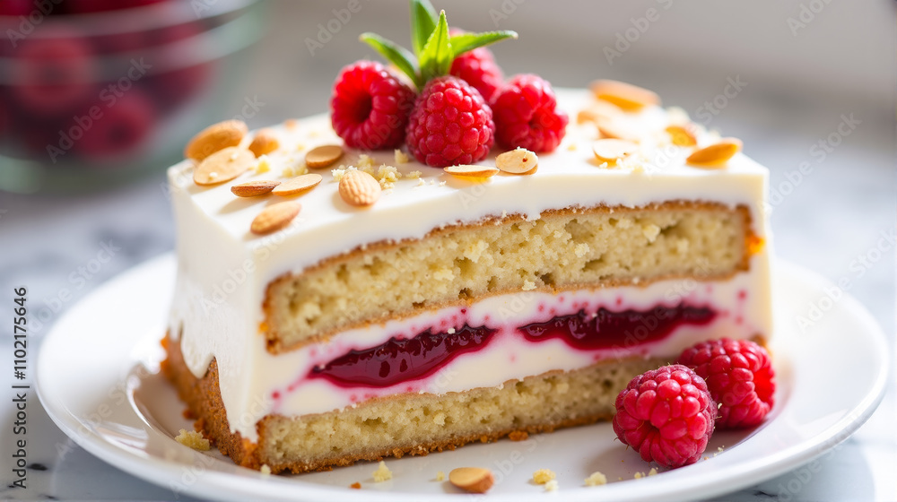 Delicious raspberry layer cake with cream and almonds perfect for summer gatherings and celebrations Delicious raspberry layer cake with cream and almonds perfect for summer gatherings and celebrations