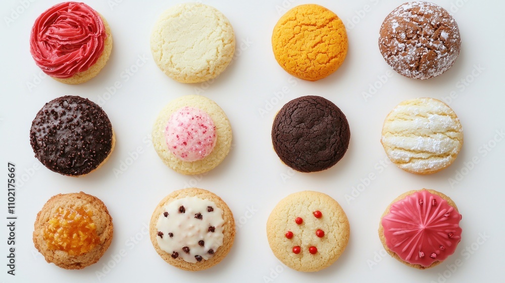 Flat lay of various Christmas cookies on a plain white surface, emphasizing their vibrant colors. Flat lay of various Christmas cookies on a plain white surface, emphasizing their vibrant colors.