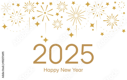 2025 happy new year. Golden number on the background with fireworks and stars. Vector illustration. New Year greeting template.  