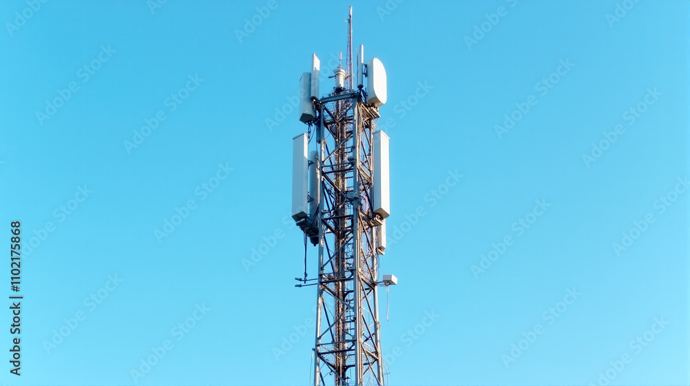 Communication technology tower against a clear blue sky highlighting modern connectivity efforts in urban areas Communication technology tower against a clear blue sky highlighting modern connectivity efforts in urban areas