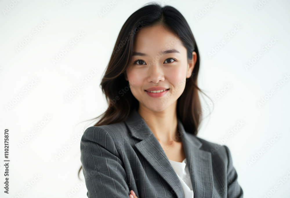 Confident Asian businesswoman in a grey pinstripe suit smiling warmly against a white background. Confident Asian businesswoman in a grey pinstripe suit smiling warmly against a white background.