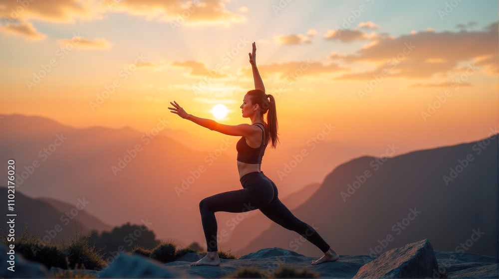 Woman practicing yoga during sunset on a mountain with beautiful landscape in the background Woman practicing yoga during sunset on a mountain with beautiful landscape in the background