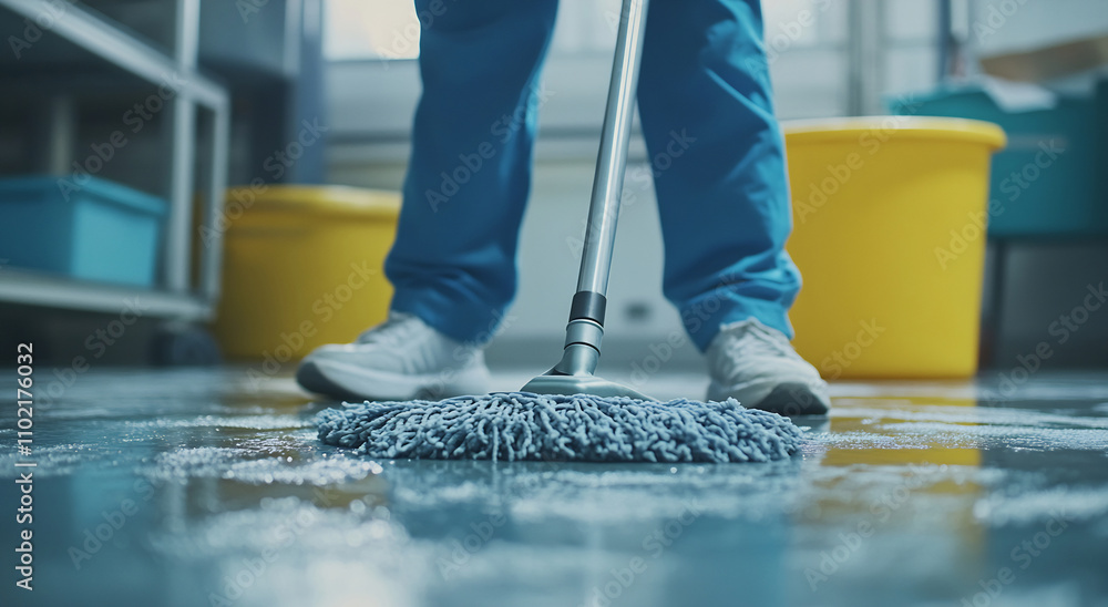 Person cleaning floor with mop Person cleaning floor with mop