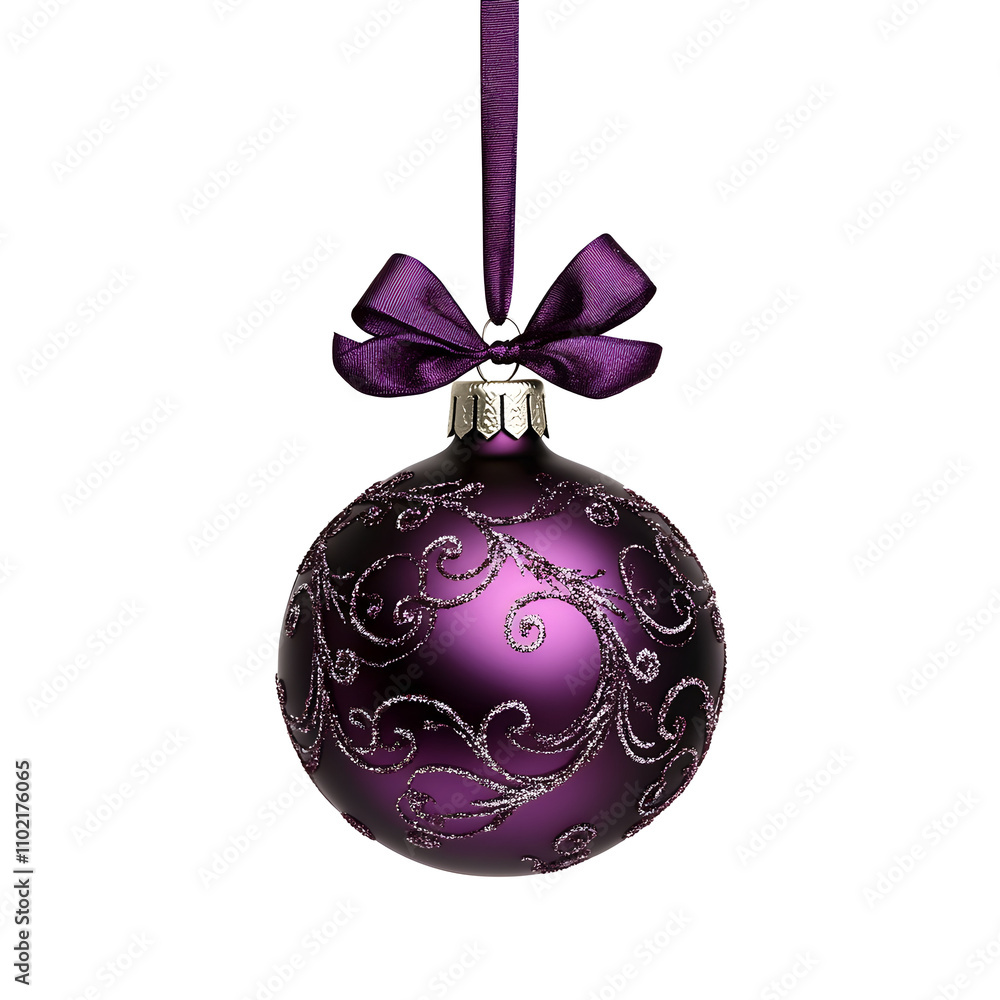 Elegant purple ornament with festive ribbon loops and intricate design Elegant purple ornament with festive ribbon loops and intricate design