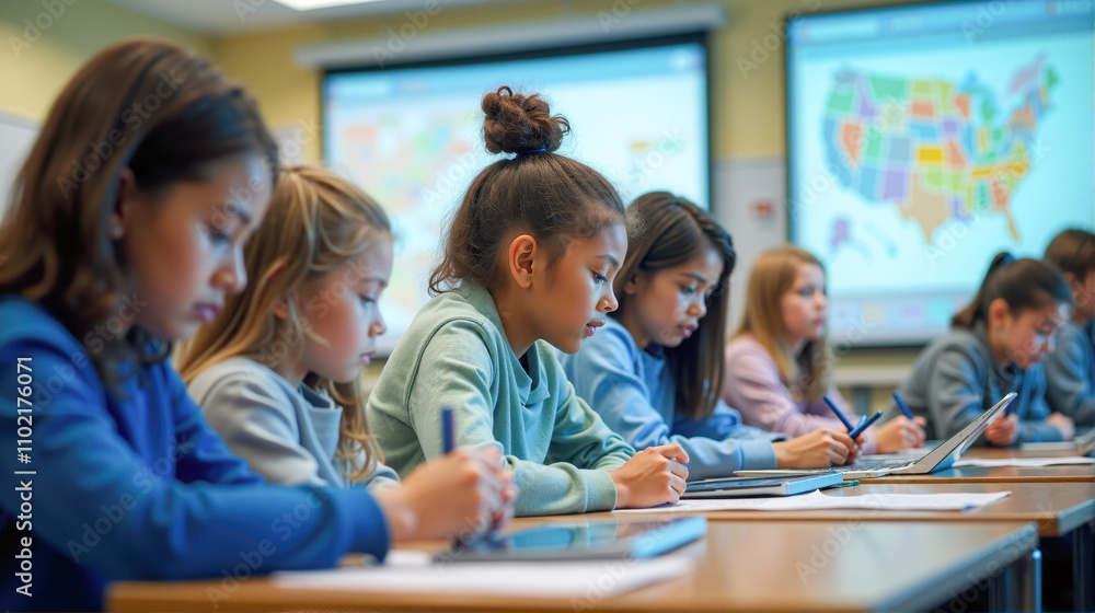 Students engaged in interactive learning with tablets in a modern classroom setting during daytime Students engaged in interactive learning with tablets in a modern classroom setting during daytime